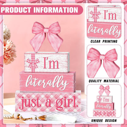 Pink Bow Stacked Wooden Block Signs Coquette Room Decor