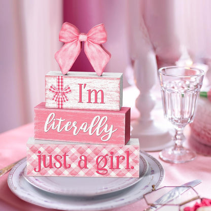 Pink Bow Stacked Wooden Block Signs Coquette Room Decor