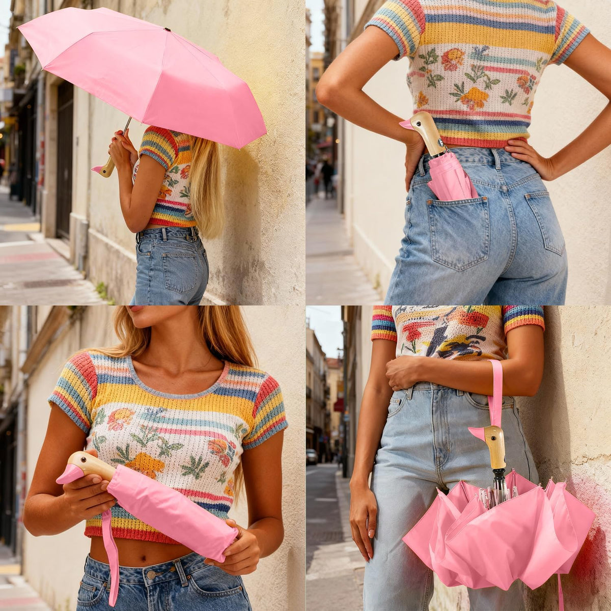 Duck Cute Travel Compact Umbrella Automatic, Wooden Handle for Gifts Women