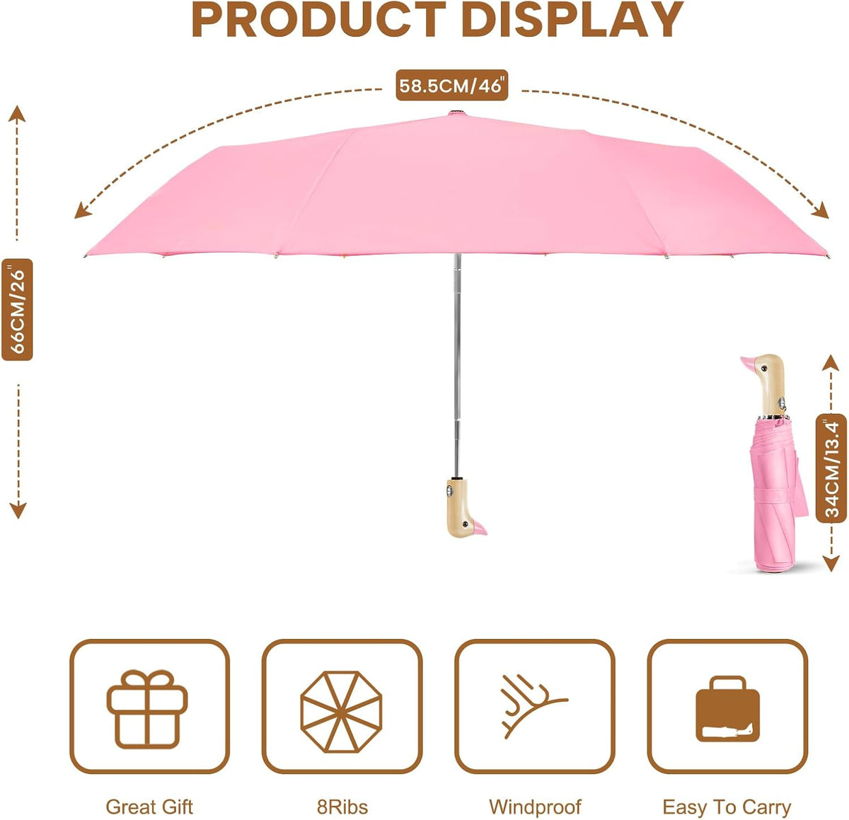 Duck Cute Travel Compact Umbrella Automatic, Wooden Handle for Gifts Women