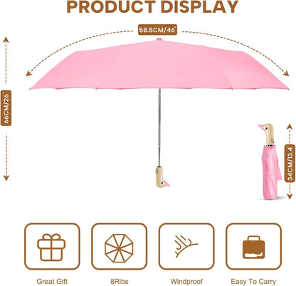 Duck Cute Travel Compact Umbrella Automatic, Wooden Handle for Gifts Women