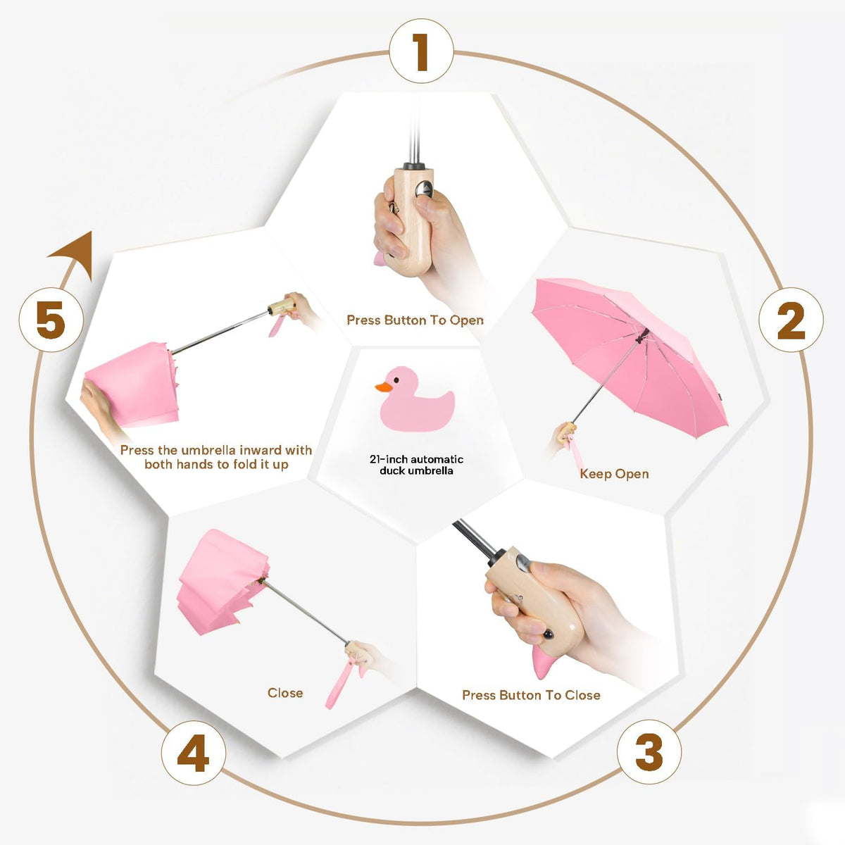 Duck Cute Travel Compact Umbrella Automatic, Wooden Handle for Gifts Women