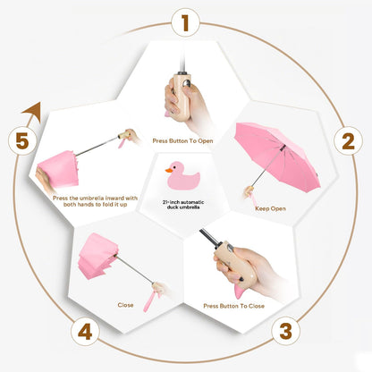 Duck Cute Travel Compact Umbrella Automatic, Wooden Handle for Gifts Women
