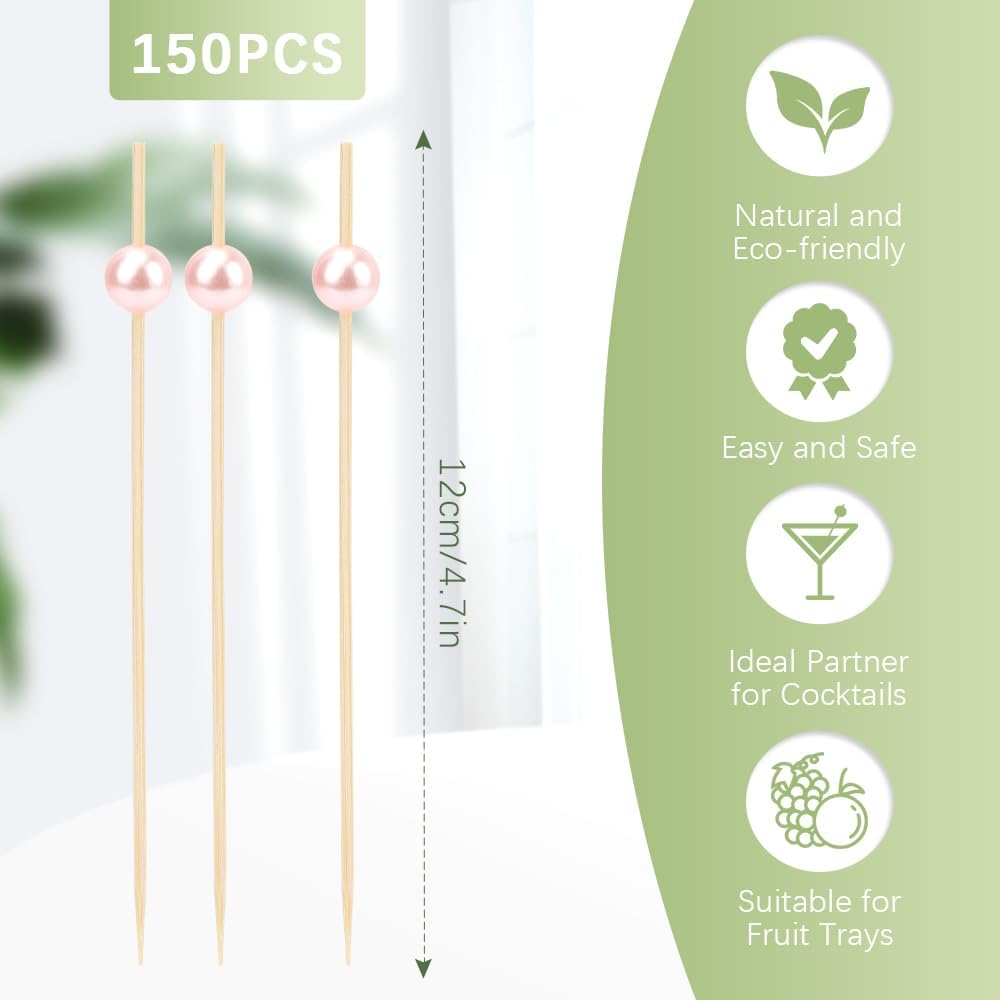 Cocktail Picks Valentine's Day Toothpicks 150PCS Pink Pearl Toothpicks for Appetizers 4.7in Cocktail Toothpicks for Drinks Tooth Picks Wooden Long Toothpicks Bamboo Skewers for Appetizers