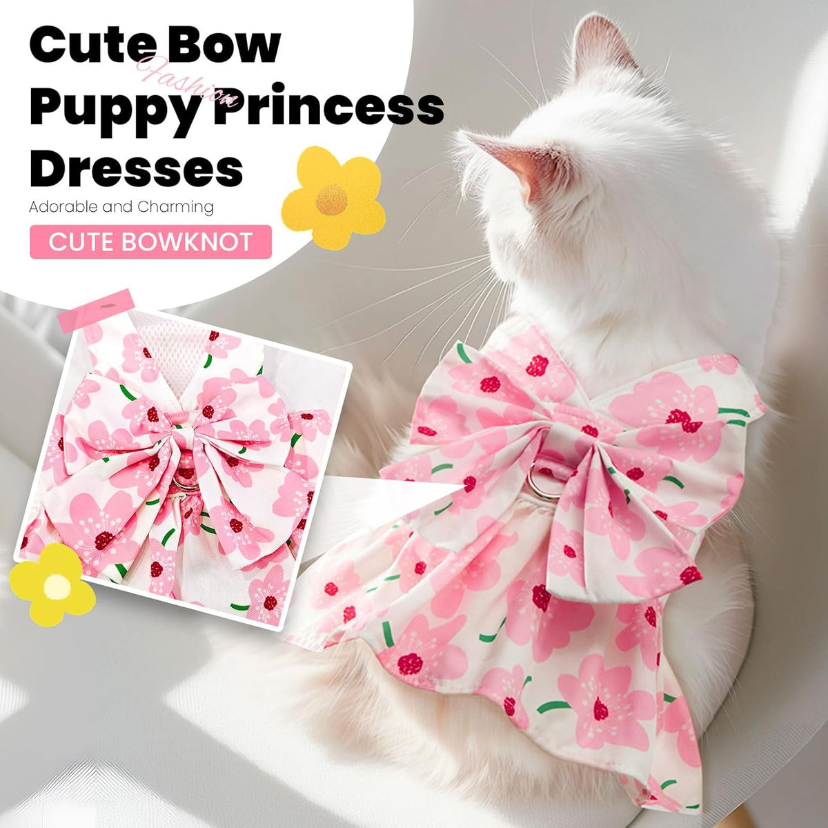 Cute Dog Dress Small Dog Clothes for Girls Female Puppy Outfits Pink Floral Pet Summer Clothes Bowknot Doggy Cat Princess Dress Harness Set for Holiday Birthday Party Costume Clothing (Pink,S)