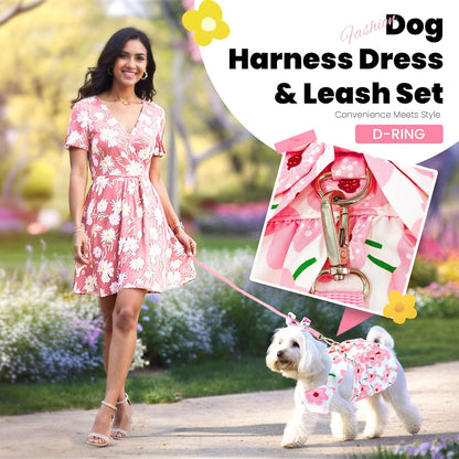 Cute Dog Dress Small Dog Clothes for Girls Female Puppy Outfits Pink Floral Pet Summer Clothes Bowknot Doggy Cat Princess Dress Harness Set for Holiday Birthday Party Costume Clothing (Pink,S)