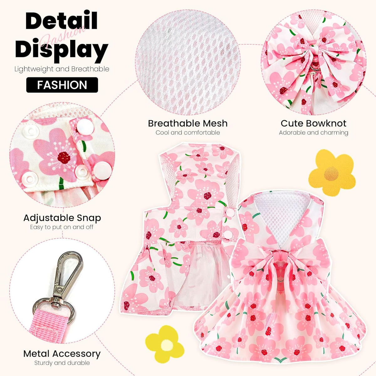 Cute Dog Dress Small Dog Clothes for Girls Female Puppy Outfits Pink Floral Pet Summer Clothes Bowknot Doggy Cat Princess Dress Harness Set for Holiday Birthday Party Costume Clothing (Pink,S)