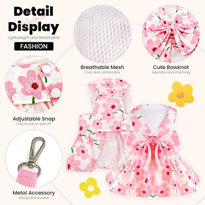 Cute Dog Dress Small Dog Clothes for Girls Female Puppy Outfits Pink Floral Pet Summer Clothes Bowknot Doggy Cat Princess Dress Harness Set for Holiday Birthday Party Costume Clothing (Pink,S)