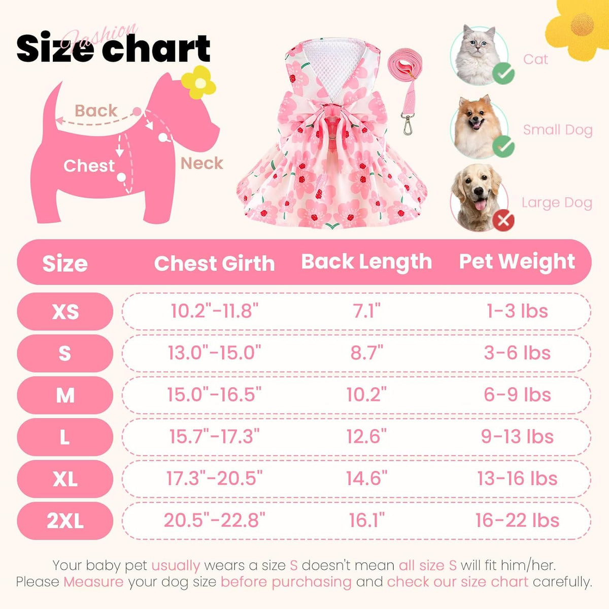 Cute Dog Dress Small Dog Clothes for Girls Female Puppy Outfits Pink Floral Pet Summer Clothes Bowknot Doggy Cat Princess Dress Harness Set for Holiday Birthday Party Costume Clothing (Pink,S)