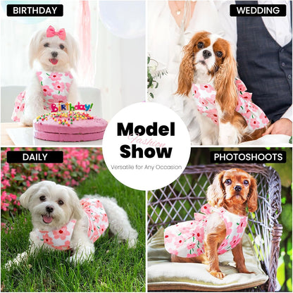 Cute Dog Dress Small Dog Clothes for Girls Female Puppy Outfits Pink Floral Pet Summer Clothes Bowknot Doggy Cat Princess Dress Harness Set for Holiday Birthday Party Costume Clothing (Pink,S)