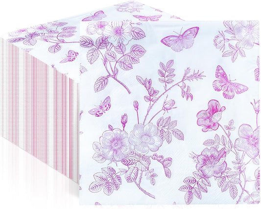 50Pcs Pink Floral Paper Cocktail Napkins Pink and White Floral Napkins Vintage Bouquet Flowers Napkins Pink Floral Dessert Napkins For Bridal Shower, Tea Party, Garden Party, Birthday Party Supplies
