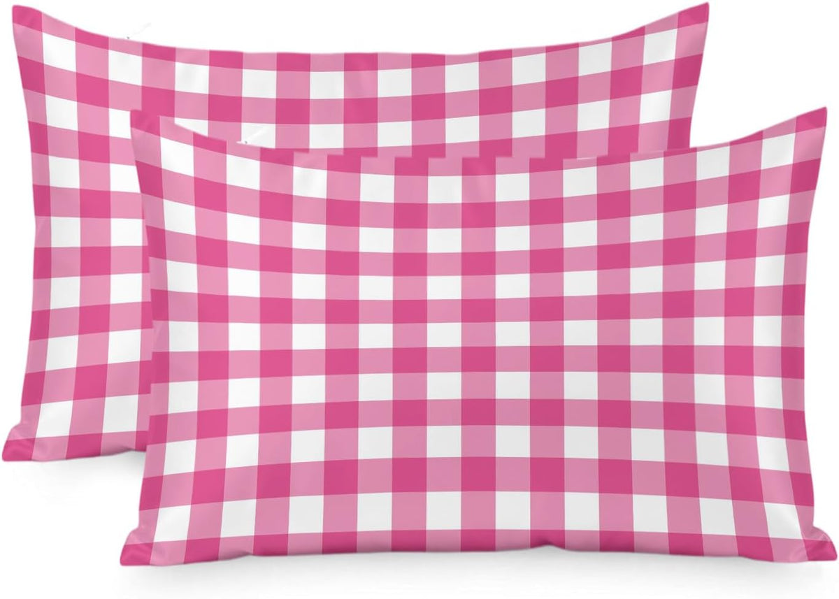 Peach Pink Checked Satin Pillowcases Standard Size Set of 2 Cooling Farmhouse Buffalo Plaid Country Grid Silk Pillow Cases for Hair and Skin Smooth Soft Zippered Throw Pillow Covers for Women 20"x26"