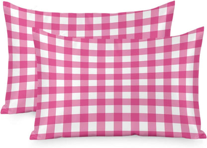 Peach Pink Checked Satin Pillowcases Standard Size Set of 2 Cooling Farmhouse Buffalo Plaid Country Grid Silk Pillow Cases for Hair and Skin Smooth Soft Zippered Throw Pillow Covers for Women 20"x26"