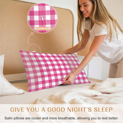 Peach Pink Checked Satin Pillowcases Standard Size Set of 2 Cooling Farmhouse Buffalo Plaid Country Grid Silk Pillow Cases for Hair and Skin Smooth Soft Zippered Throw Pillow Covers for Women 20"x26"