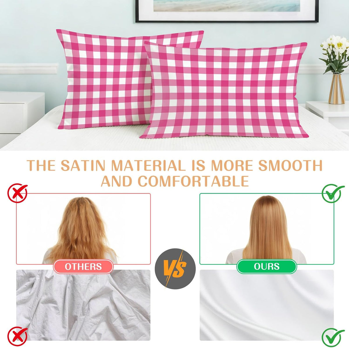 Peach Pink Checked Satin Pillowcases Standard Size Set of 2 Cooling Farmhouse Buffalo Plaid Country Grid Silk Pillow Cases for Hair and Skin Smooth Soft Zippered Throw Pillow Covers for Women 20"x26"