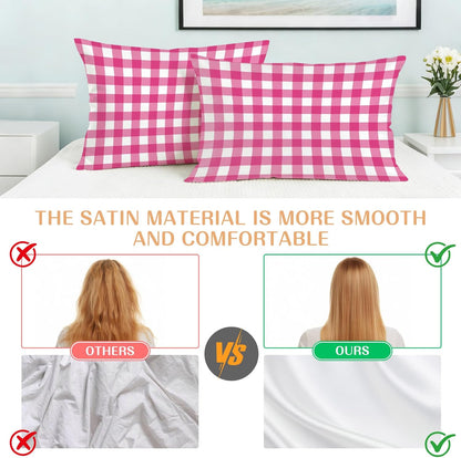 Peach Pink Checked Satin Pillowcases Standard Size Set of 2 Cooling Farmhouse Buffalo Plaid Country Grid Silk Pillow Cases for Hair and Skin Smooth Soft Zippered Throw Pillow Covers for Women 20"x26"