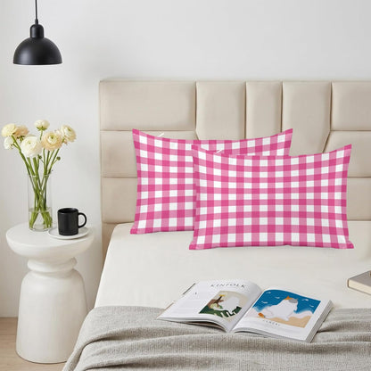 Peach Pink Checked Satin Pillowcases Standard Size Set of 2 Cooling Farmhouse Buffalo Plaid Country Grid Silk Pillow Cases for Hair and Skin Smooth Soft Zippered Throw Pillow Covers for Women 20"x26"
