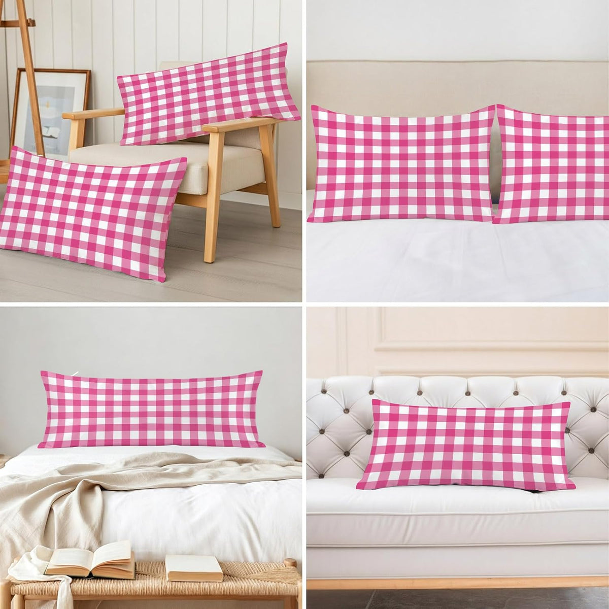 Peach Pink Checked Satin Pillowcases Standard Size Set of 2 Cooling Farmhouse Buffalo Plaid Country Grid Silk Pillow Cases for Hair and Skin Smooth Soft Zippered Throw Pillow Covers for Women 20"x26"