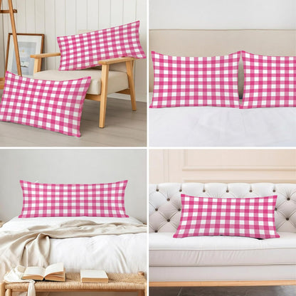 Peach Pink Checked Satin Pillowcases Standard Size Set of 2 Cooling Farmhouse Buffalo Plaid Country Grid Silk Pillow Cases for Hair and Skin Smooth Soft Zippered Throw Pillow Covers for Women 20"x26"