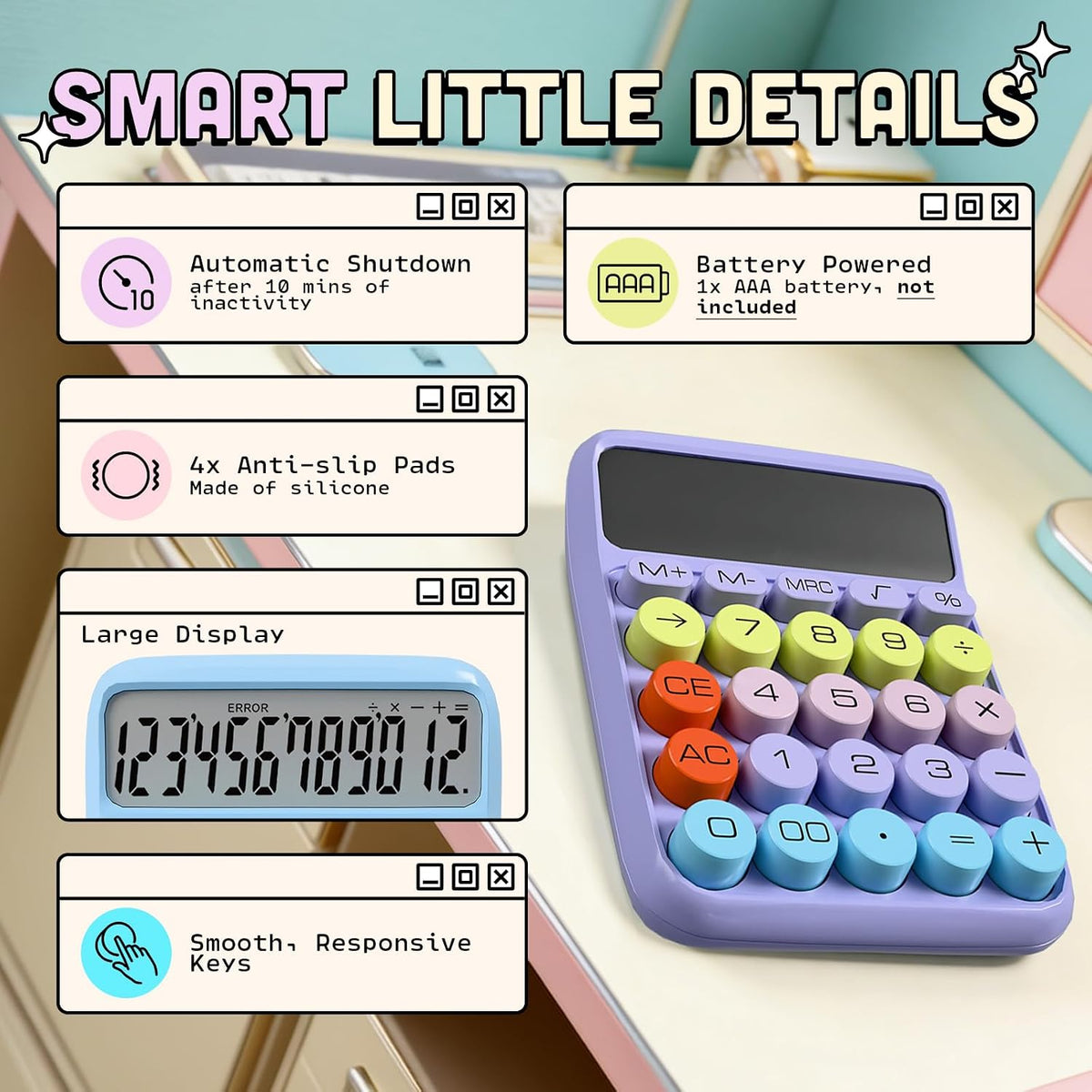Pink Calculator – Cute Desk Calculator with Big Buttons, 12-Digit, for School, Office & Pink Desk Accessories