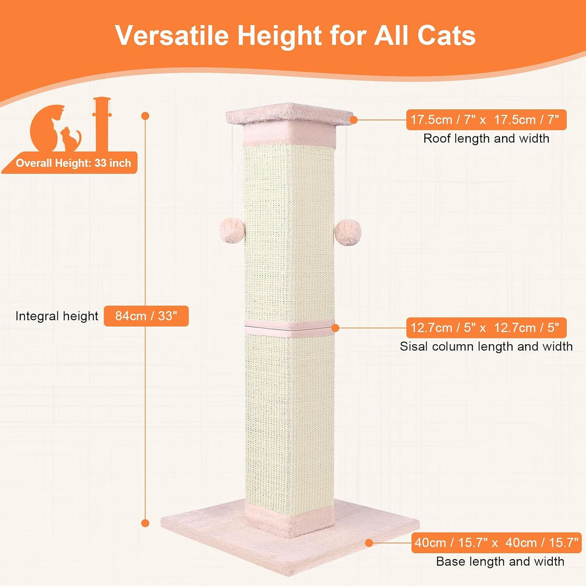 Cat Scratching Post 33 Inch Nature Sisal Cat Scratch Post for Indoor Cats, Large Cat Scratcher Protect Your Furniture Pink