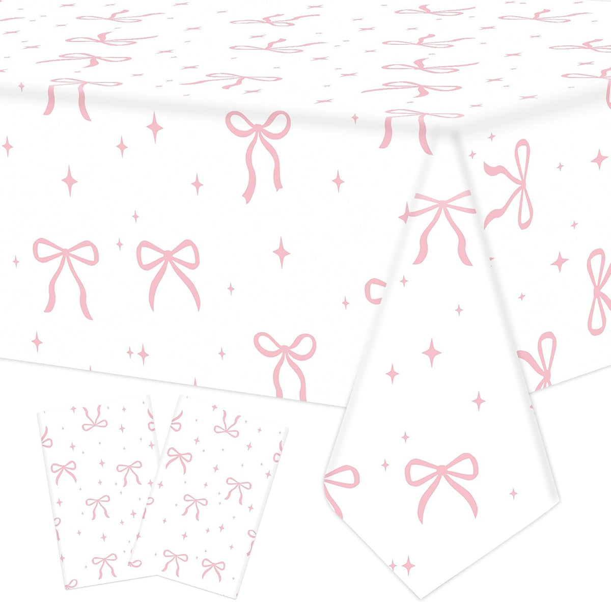 2 PCS Pink Bow Tablecloth Bow Theme Plastic Table Cover Rectangle Coquette Disposable Party Tablecloth for Women Girls Birthday Bridal Bachelorette Party Decor