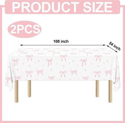 2 PCS Pink Bow Tablecloth Bow Theme Plastic Table Cover Rectangle Coquette Disposable Party Tablecloth for Women Girls Birthday Bridal Bachelorette Party Decor