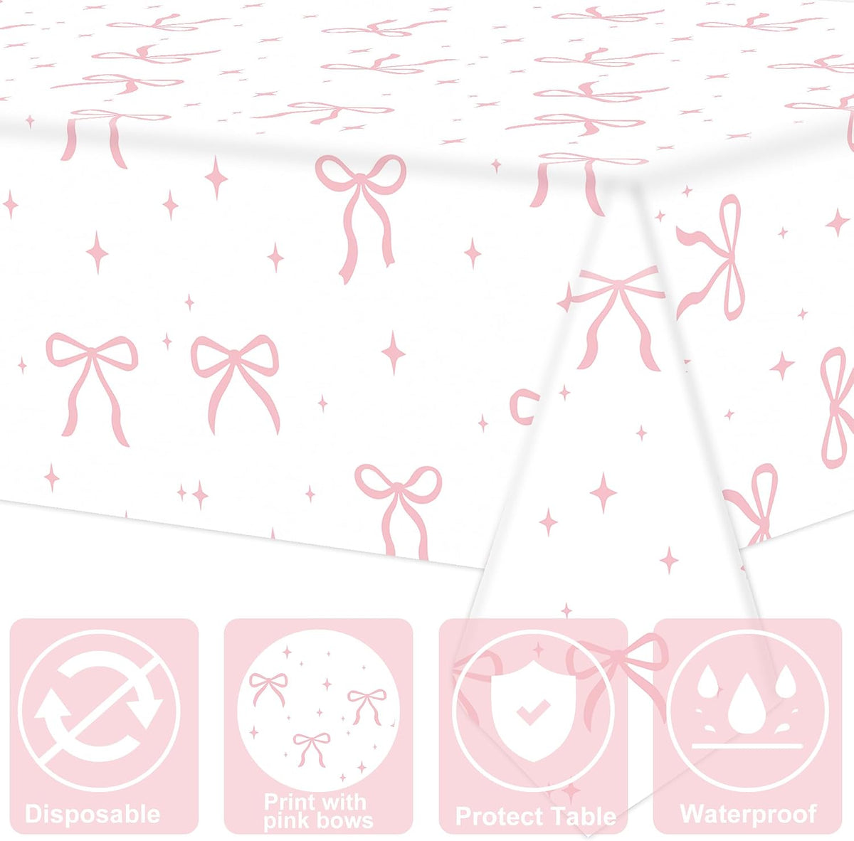 2 PCS Pink Bow Tablecloth Bow Theme Plastic Table Cover Rectangle Coquette Disposable Party Tablecloth for Women Girls Birthday Bridal Bachelorette Party Decor