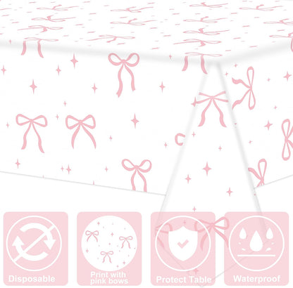 2 PCS Pink Bow Tablecloth Bow Theme Plastic Table Cover Rectangle Coquette Disposable Party Tablecloth for Women Girls Birthday Bridal Bachelorette Party Decor