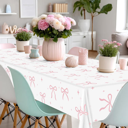 2 PCS Pink Bow Tablecloth Bow Theme Plastic Table Cover Rectangle Coquette Disposable Party Tablecloth for Women Girls Birthday Bridal Bachelorette Party Decor
