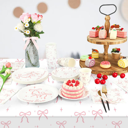 2 PCS Pink Bow Tablecloth Bow Theme Plastic Table Cover Rectangle Coquette Disposable Party Tablecloth for Women Girls Birthday Bridal Bachelorette Party Decor