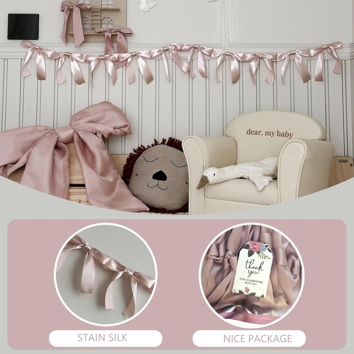 Dusty Pink Bow Garland, Pre-Assembled 6 ft – Single Accent Decoration for Bridal Shower, Baby Shower & Birthday Parties | Soft Matte Satin Bows (Dusk Rose)