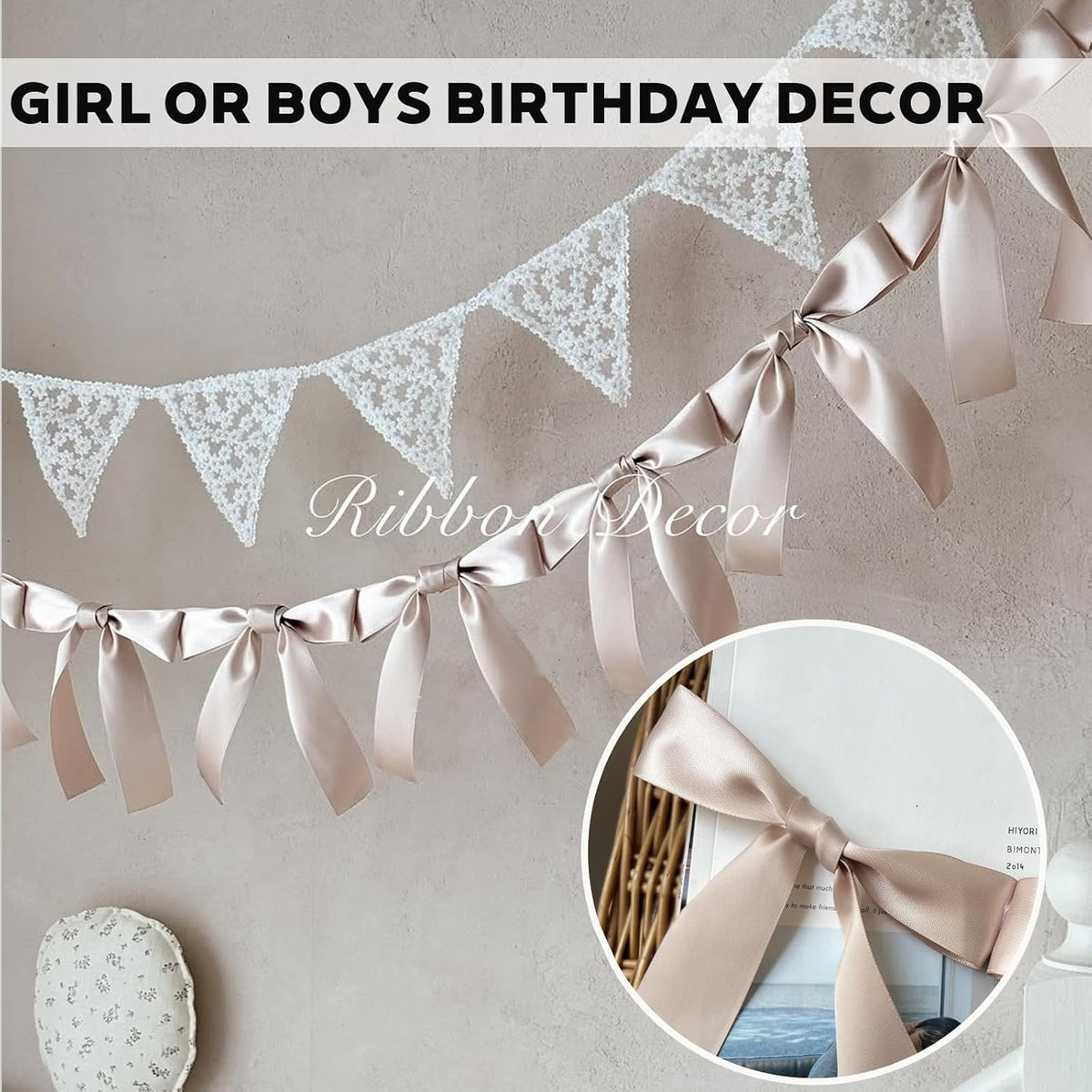 Dusty Pink Bow Garland, Pre-Assembled 6 ft – Single Accent Decoration for Bridal Shower, Baby Shower & Birthday Parties | Soft Matte Satin Bows (Dusk Rose)
