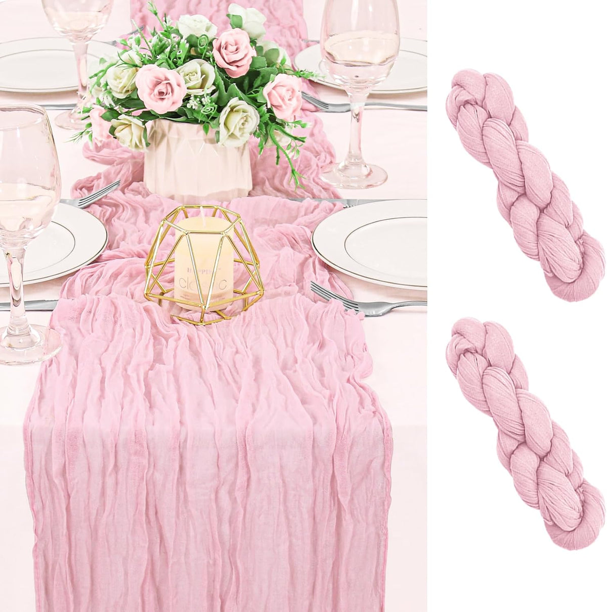 2 Pack 120 Inch Pink Cheesecloth Table Runner Boho Rustic Gauze Sheer Romantic 10 FT Long Cheese Cloth Table Runner for Bridal Baby Shower Wedding Party Birthday Holiday Home Easter Decor