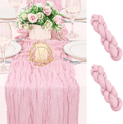 2 Pack 120 Inch Pink Cheesecloth Table Runner Boho Rustic Gauze Sheer Romantic 10 FT Long Cheese Cloth Table Runner for Bridal Baby Shower Wedding Party Birthday Holiday Home Easter Decor