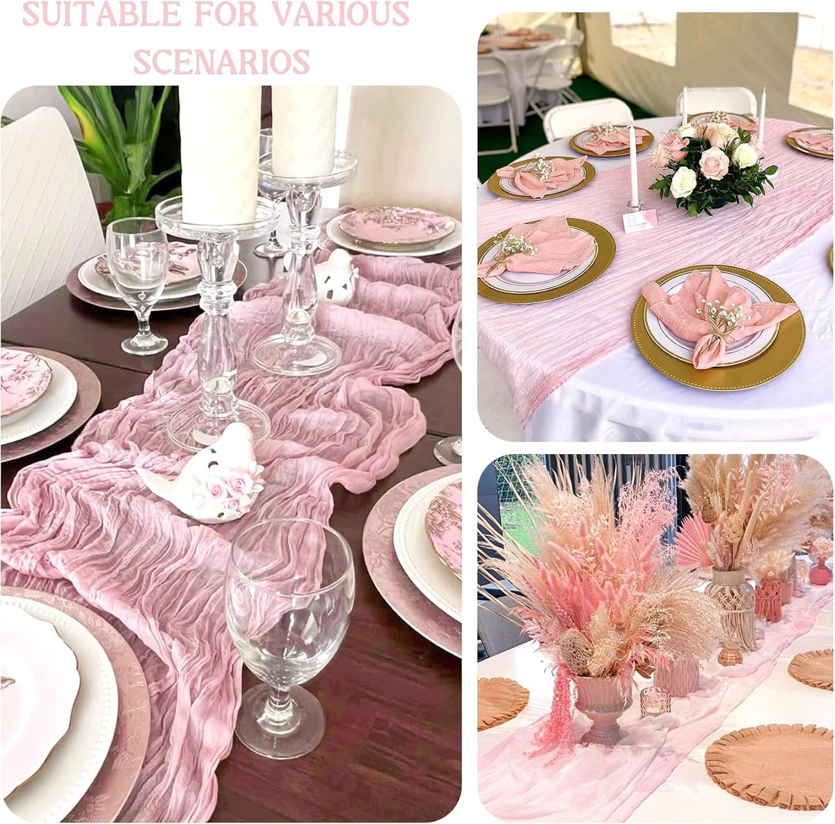 2 Pack 120 Inch Pink Cheesecloth Table Runner Boho Rustic Gauze Sheer Romantic 10 FT Long Cheese Cloth Table Runner for Bridal Baby Shower Wedding Party Birthday Holiday Home Easter Decor