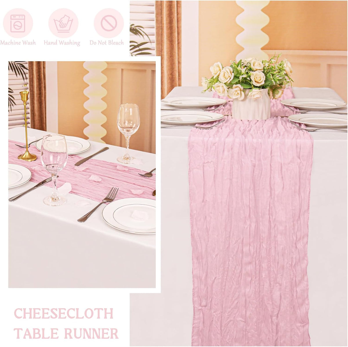 2 Pack 120 Inch Pink Cheesecloth Table Runner Boho Rustic Gauze Sheer Romantic 10 FT Long Cheese Cloth Table Runner for Bridal Baby Shower Wedding Party Birthday Holiday Home Easter Decor