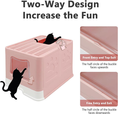 XL Foldable Cat Litter Box with Lid - Jumbo Enclosed Potty - Top Entry Anti-Splashing Toilet - Includes Scoop & 2-in-1 Cleaning Brush (Pink)