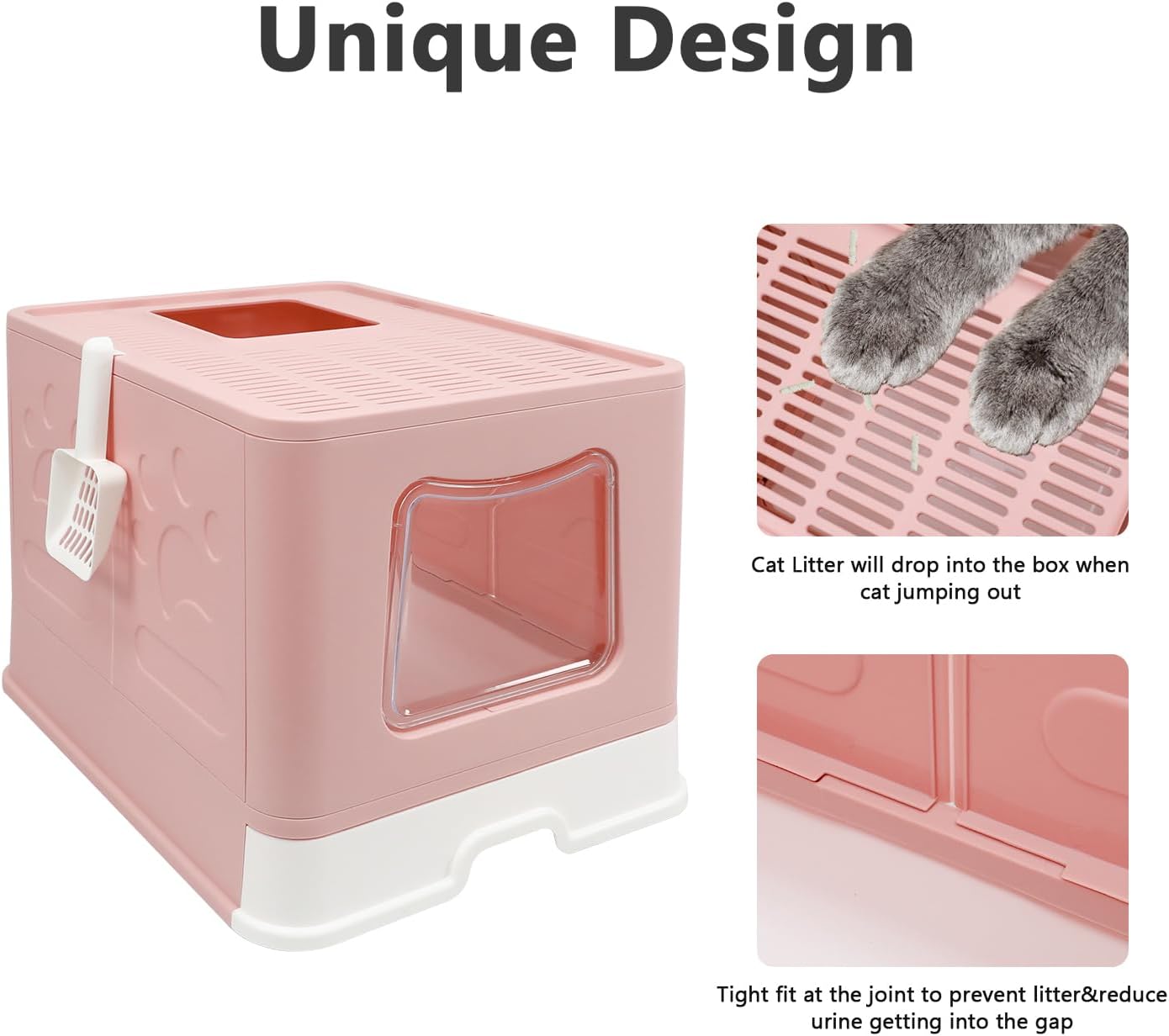 XL Foldable Cat Litter Box with Lid - Jumbo Enclosed Potty - Top Entry Anti-Splashing Toilet - Includes Scoop & 2-in-1 Cleaning Brush (Pink)