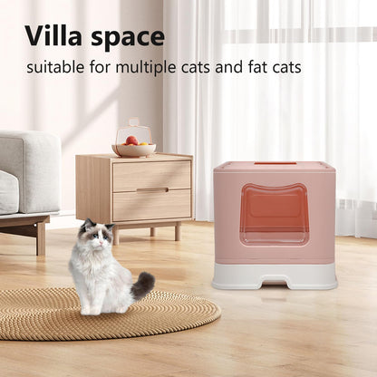 XL Foldable Cat Litter Box with Lid - Jumbo Enclosed Potty - Top Entry Anti-Splashing Toilet - Includes Scoop & 2-in-1 Cleaning Brush (Pink)