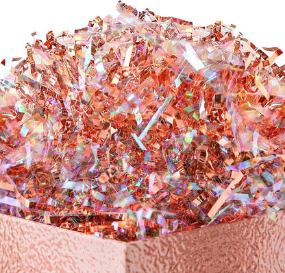 PAPER FAIR Metallic Iridescent Rose Gold Crinkle Cut Paper Shredded Filler, 5OZ Rosy Pink Gold Grass Raffia Tissue, Strands Shred Craft Bedding Cushion Paper, for Christmas Wedding Mothers Day Bridesmaid Engagement Gift Boxes Bags Retail Decoration