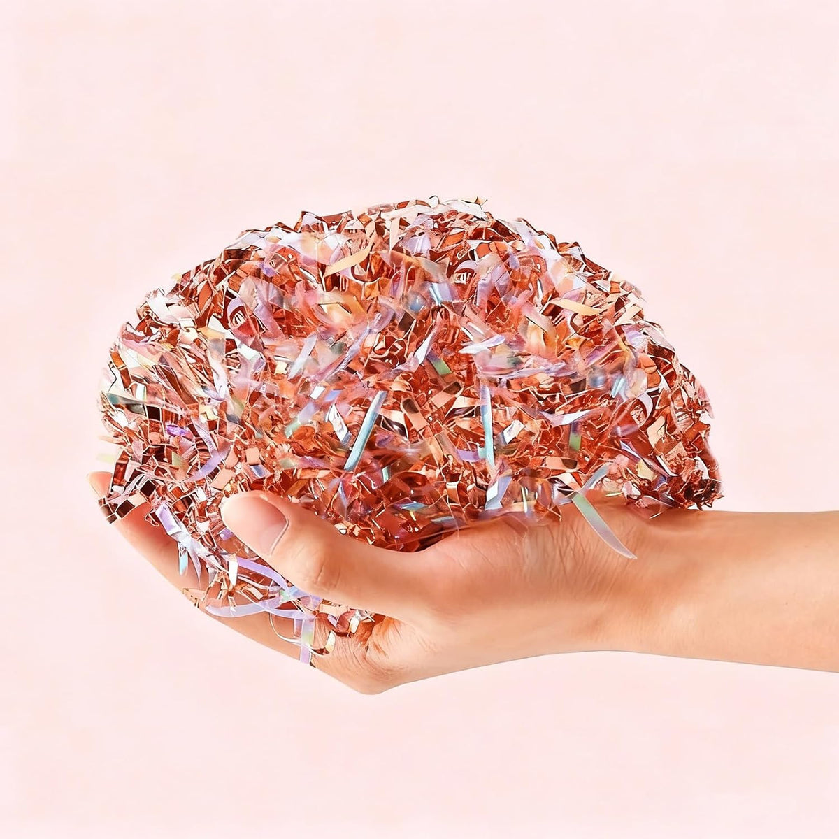 PAPER FAIR Metallic Iridescent Rose Gold Crinkle Cut Paper Shredded Filler, 5OZ Rosy Pink Gold Grass Raffia Tissue, Strands Shred Craft Bedding Cushion Paper, for Christmas Wedding Mothers Day Bridesmaid Engagement Gift Boxes Bags Retail Decoration