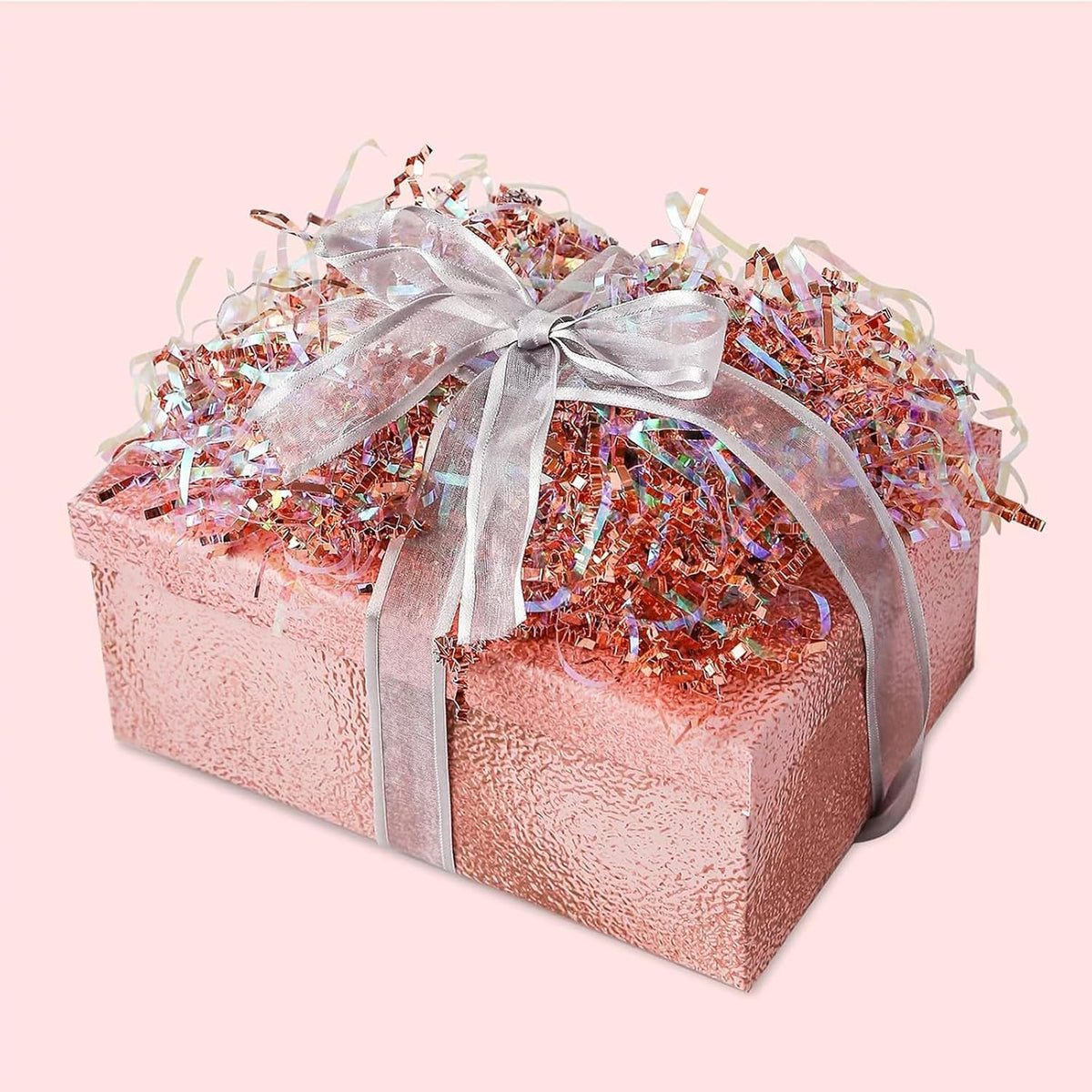 PAPER FAIR Metallic Iridescent Rose Gold Crinkle Cut Paper Shredded Filler, 5OZ Rosy Pink Gold Grass Raffia Tissue, Strands Shred Craft Bedding Cushion Paper, for Christmas Wedding Mothers Day Bridesmaid Engagement Gift Boxes Bags Retail Decoration