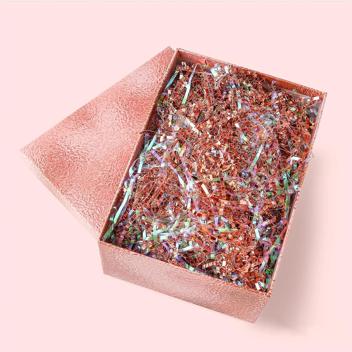 PAPER FAIR Metallic Iridescent Rose Gold Crinkle Cut Paper Shredded Filler, 5OZ Rosy Pink Gold Grass Raffia Tissue, Strands Shred Craft Bedding Cushion Paper, for Christmas Wedding Mothers Day Bridesmaid Engagement Gift Boxes Bags Retail Decoration