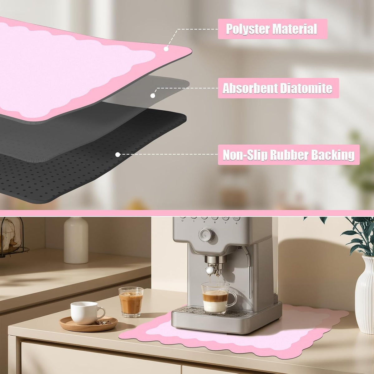 Pink Scalloped Coffee Mat for Countertop Coffee Bar Mat Matt