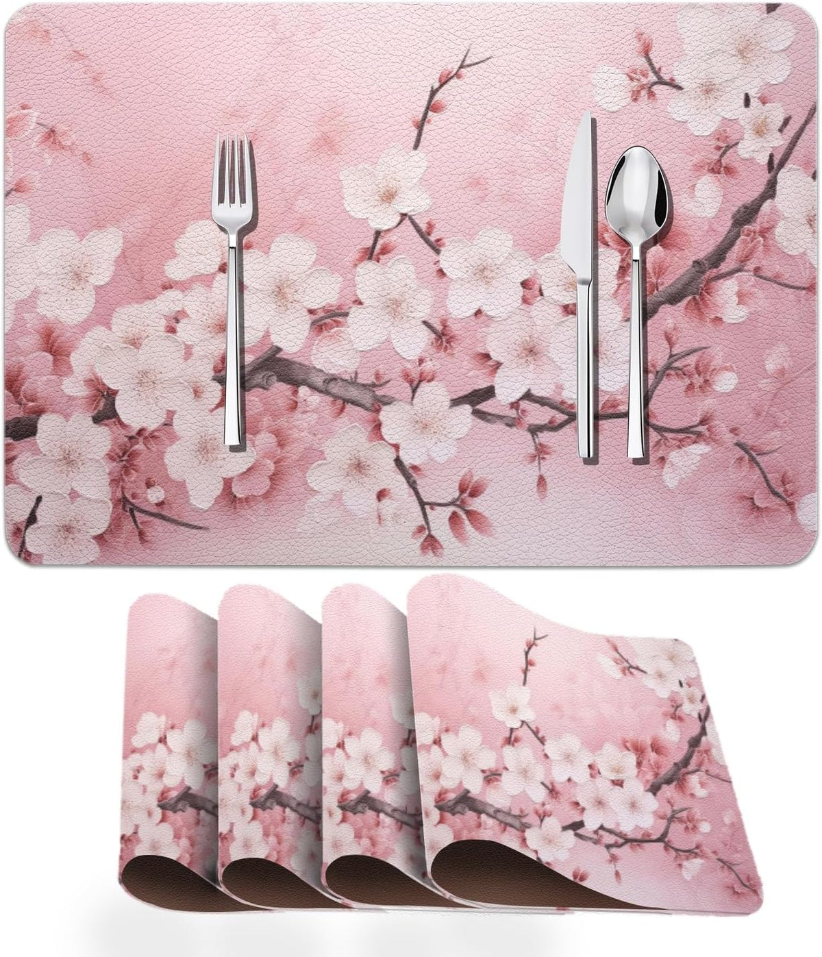 Faux Leather Placemats Set of 4,Pink Cherry Flowers Blossoms PU Placemat for Ding Table Easy to Clean Wipeable Waterproof Non-Slip Table Place Mats for Kitchen or Outdoor,12 * 17 Inch