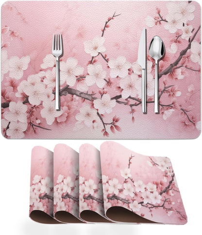 Faux Leather Placemats Set of 4,Pink Cherry Flowers Blossoms PU Placemat for Ding Table Easy to Clean Wipeable Waterproof Non-Slip Table Place Mats for Kitchen or Outdoor,12 * 17 Inch