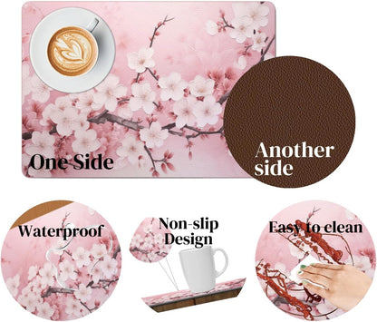Faux Leather Placemats Set of 4,Pink Cherry Flowers Blossoms PU Placemat for Ding Table Easy to Clean Wipeable Waterproof Non-Slip Table Place Mats for Kitchen or Outdoor,12 * 17 Inch