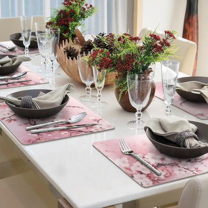 Faux Leather Placemats Set of 4,Pink Cherry Flowers Blossoms PU Placemat for Ding Table Easy to Clean Wipeable Waterproof Non-Slip Table Place Mats for Kitchen or Outdoor,12 * 17 Inch