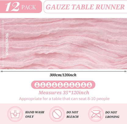 12 Pack Cheesecloth Table Runner 35 x 120 inch Long Boho Cheese Cloth Gauze Table Runners Semi Sheer Table Runner for Wedding Decor, Bridal Shower, Birthday Party (Light Pink)
